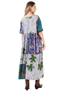 Vestido Midi Cinza Claro E Azul Patchwork Yacamim C4