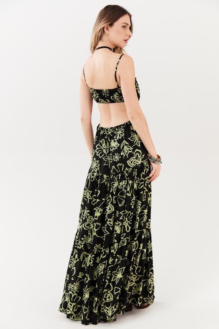 Vestido Longo Preto E Verde Estampado Yacamim C15