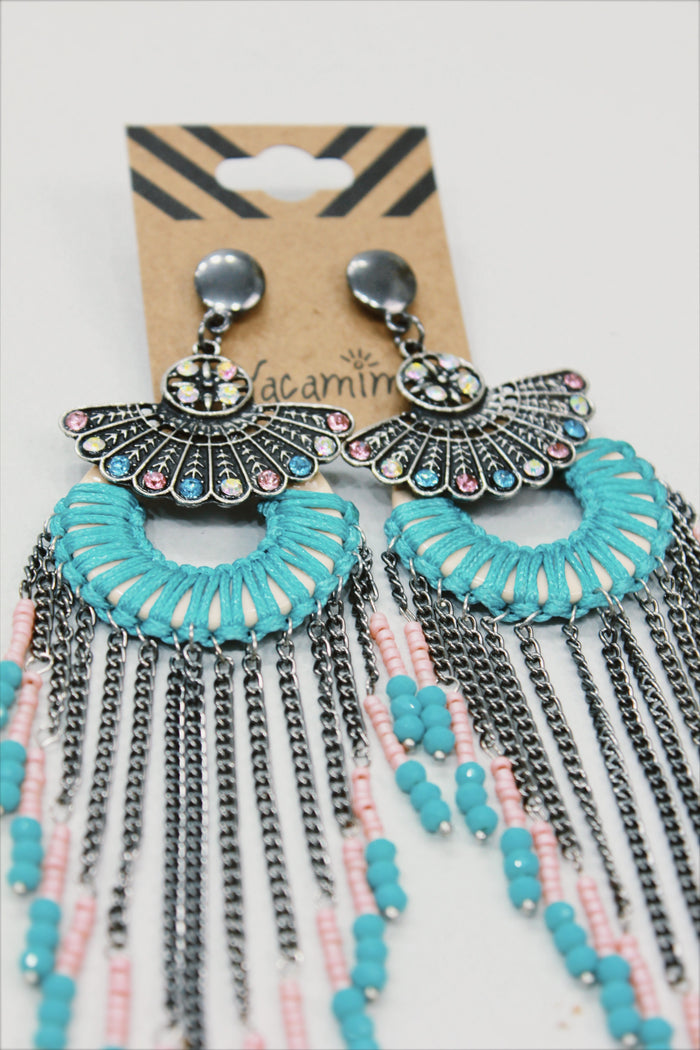 Brinco De Miçangas E Macramê Verde E Rosé Yacamim #611