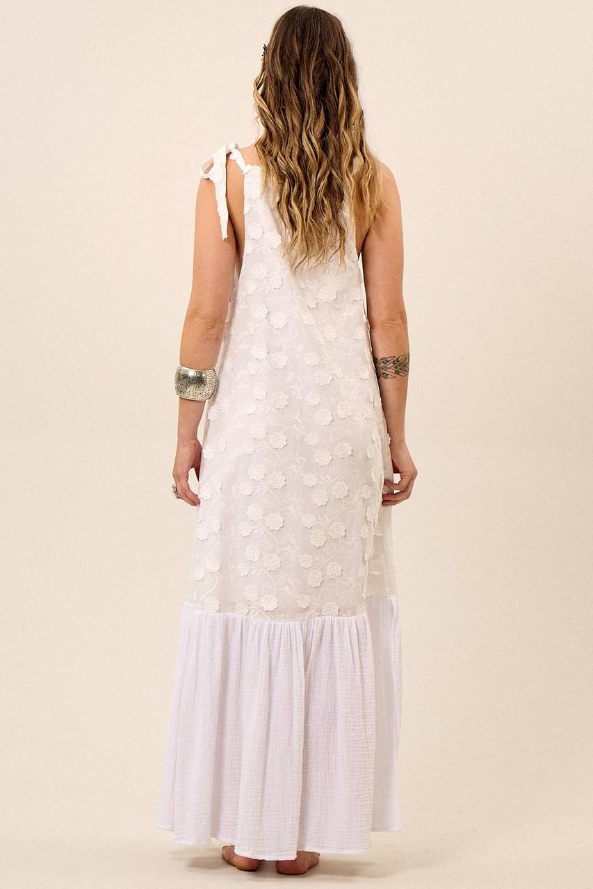 Vestido Longo Com Alças De Amarrar E Flores Bordadas Branco Yacamim