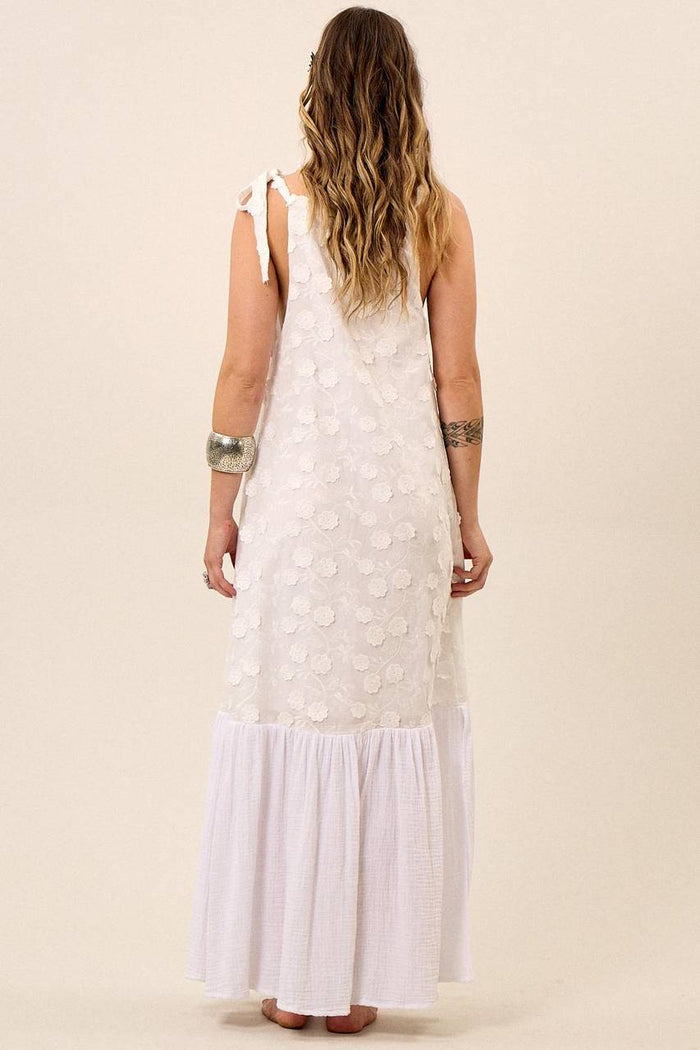 Vestido Longo Com Alças De Amarrar E Flores Bordadas Branco Yacamim