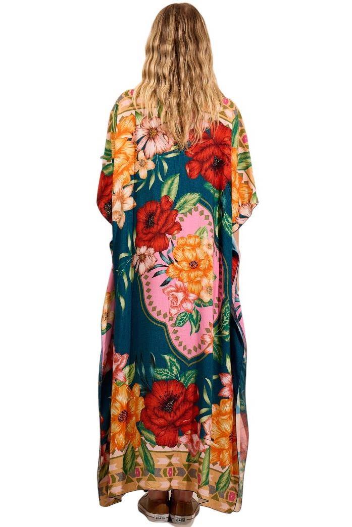 Kaftan Amplo Longo Verde Estampado Yacamim