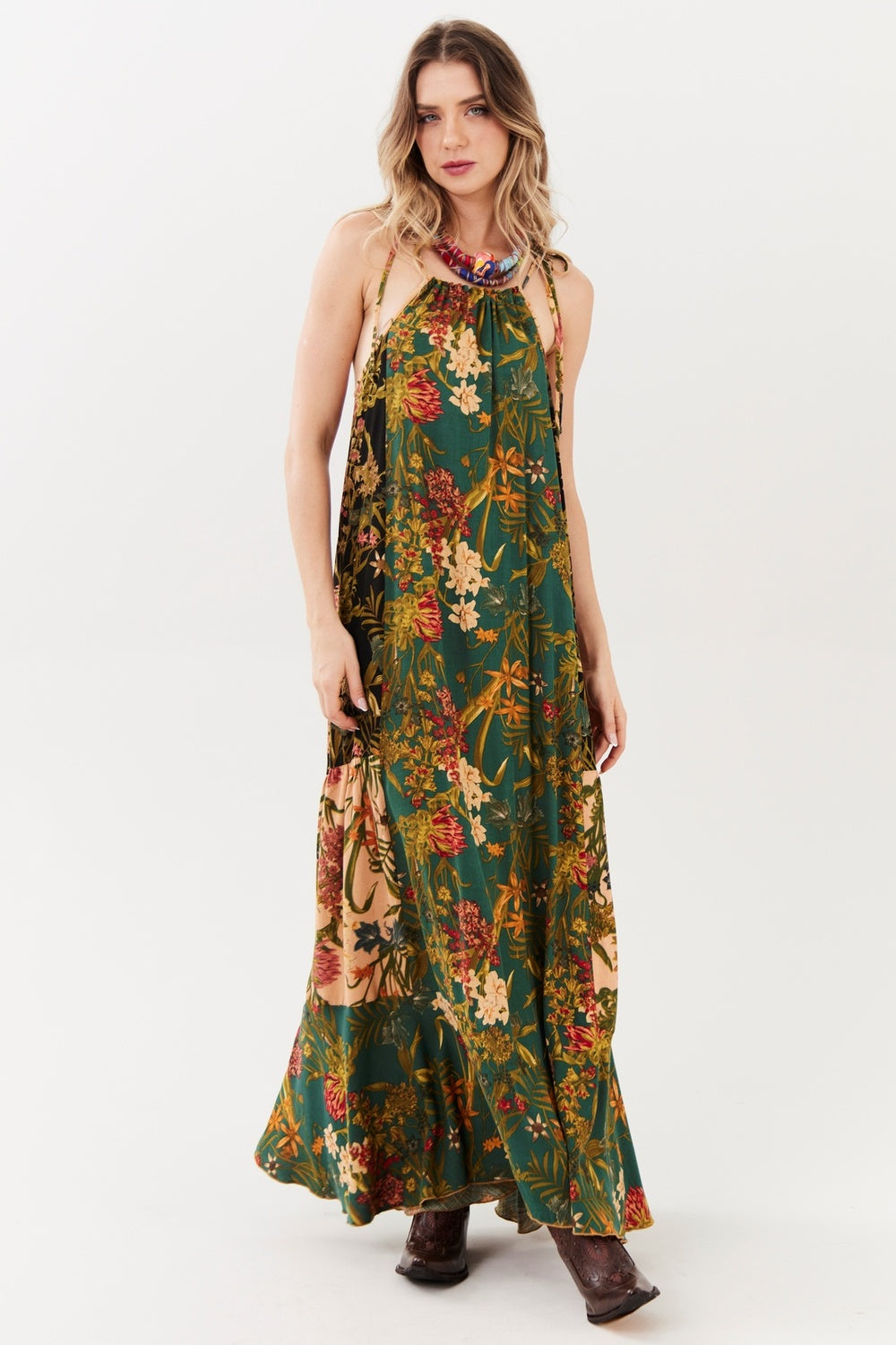 Vestido Longo Verde Escuro Estampado Patchwork Yacamim E8