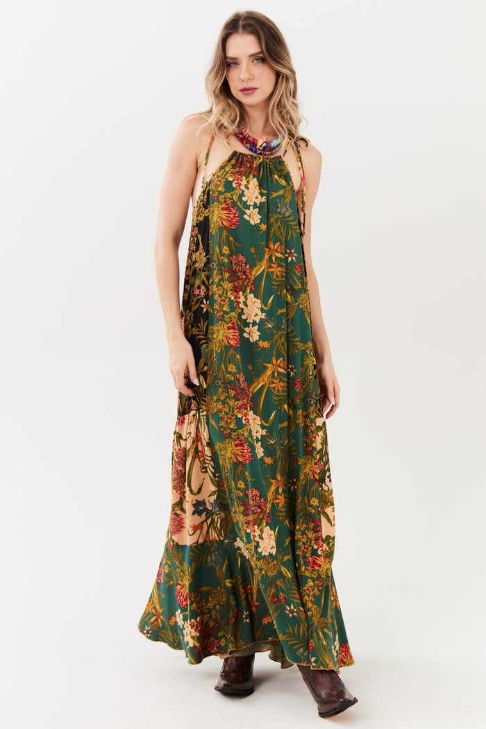 Vestido Longo Verde Escuro Estampado Patchwork Yacamim E8