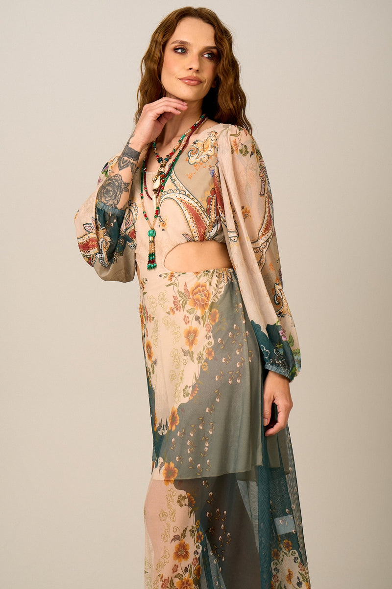 Vestido Longo De Tule Verde E Bege Estampa Paisley Yacamim E23