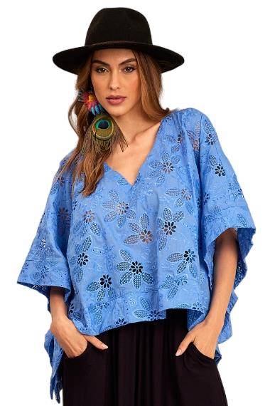 Bata Ampla Broderie Com Decote Em V Azul Yacamim