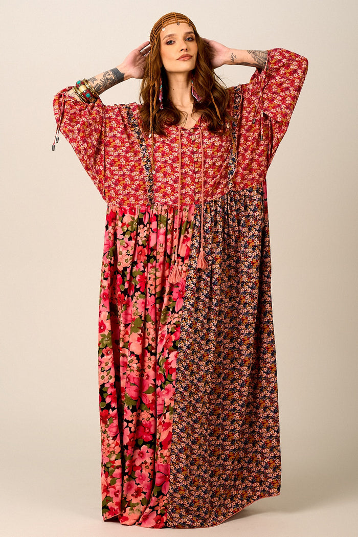 Vestido Longo Amplo Rosa Estampado Patchwork Yacamim D7