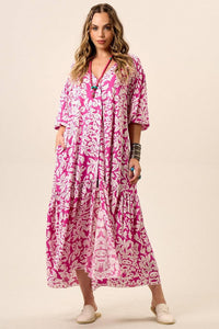 Vestido Chemise Longo Com Mangas 3/8 Raglã Rosa Estampado Yacamim