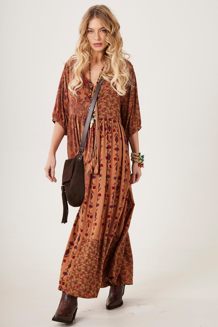 Vestido Longo Estampado Marrom patchwork Yacamim E5