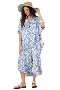 Chemise Midi Com Bolsões Azul Petróleo E Branco Estampado Yacamim N4