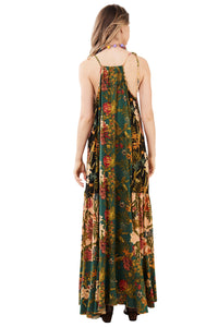 Vestido Longo Verde Escuro Estampado Patchwork Yacamim E8