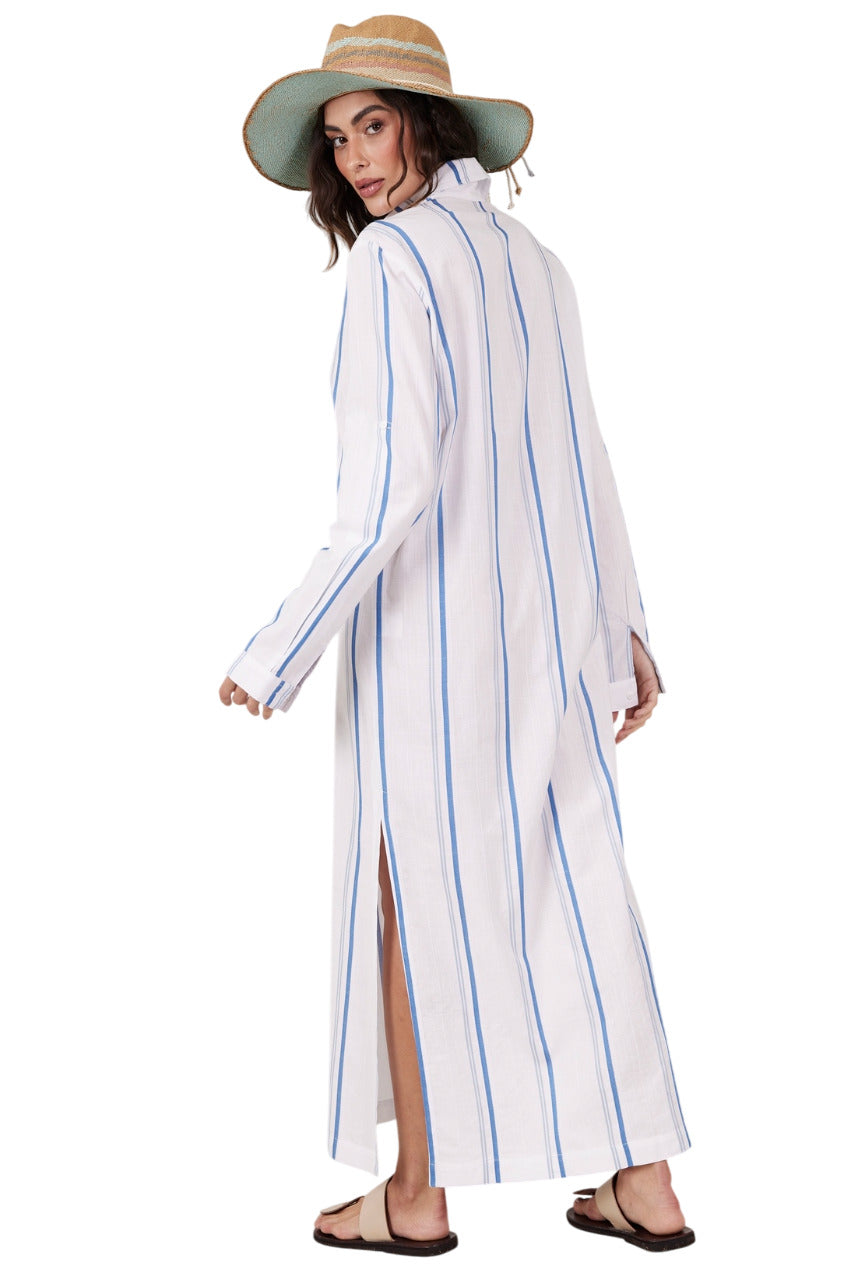 Chemise Midi Listrada Branca Com Azul Estampado Yacamim M7