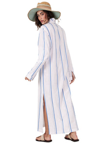 Chemise Midi Listrada Branca Com Azul Estampado Yacamim M7