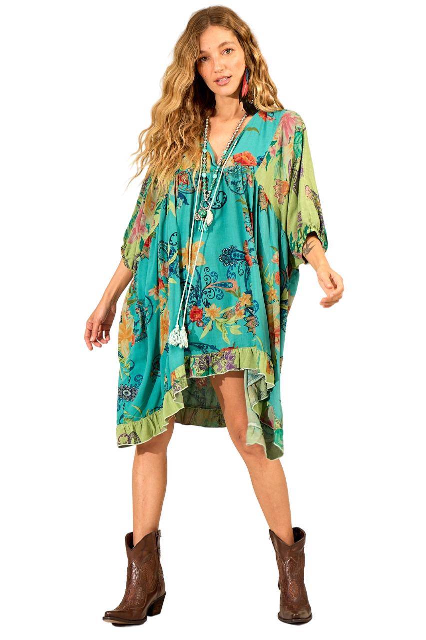 Vestido Curto Amplo Com Decote Em V Verde Patchwork Yacamim