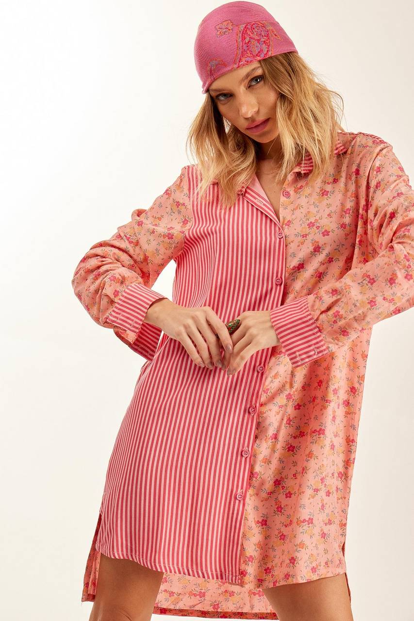 Chemise Composê Rosa Listrado Patchwork Yacamim