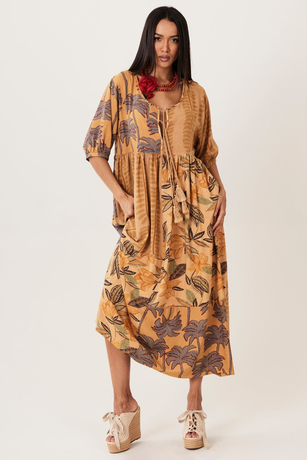 Vestido Midi Marrom Claro Patchwork Yacamim E28