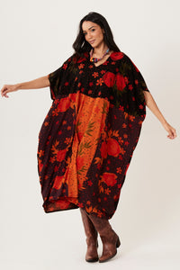 Kaftan Midi Preto E Vermelho Patchwork Yacamim J3