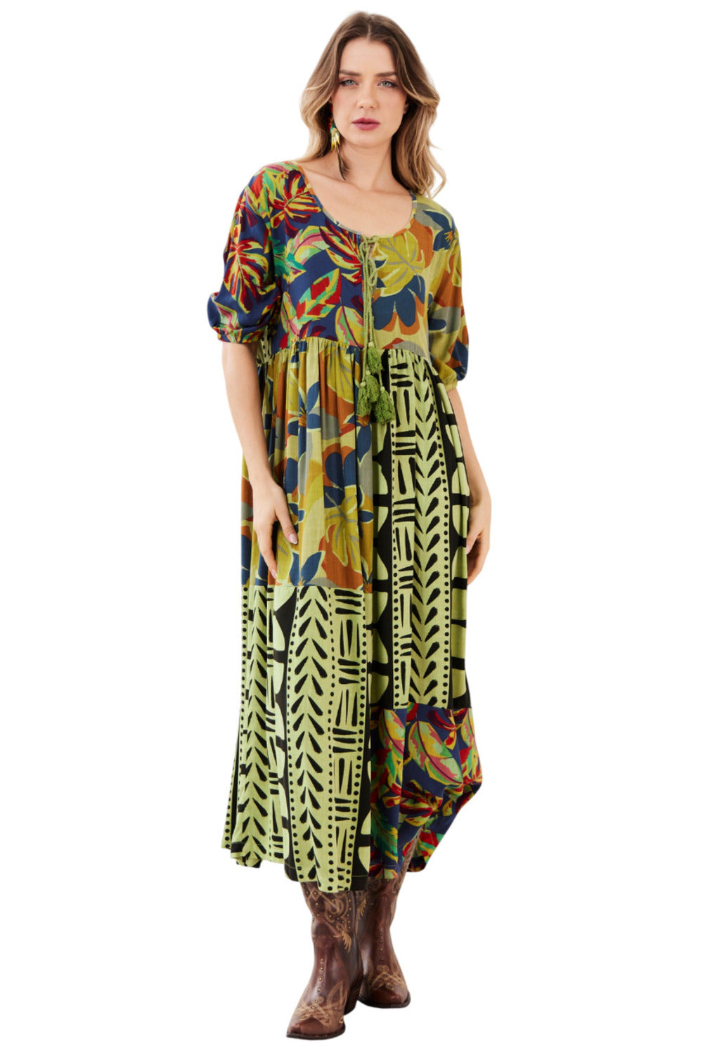 Vestido Midi Verde Estampado Patchwork Yacamim E27