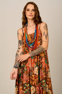 Vestido Longo De Alças Reguláveis Marrom Floral Yacamim E26