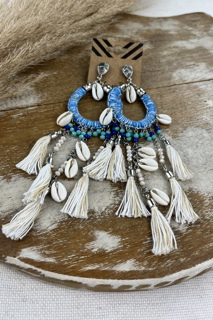 Brinco Artesanal Com Argola De Crochê Azul Yacamim #175