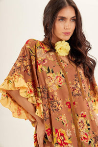 Kaftan Longo Amplo Com Mangas 3/4 Marrom Patchwork Yacamim