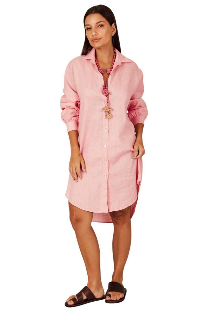 Chemise Clássica De Linho Alongada Rosa Claro Yacamim P5