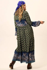 Vestido Longo Com Mangas Bufantes Verde Patchwork Estampa Paisley Yacamim