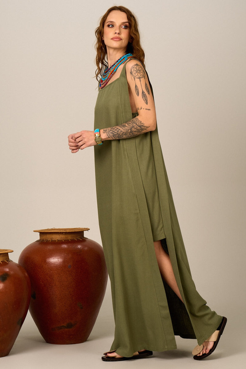 Vestido Longo De Alças Largas Com Fendas Verde Yacamim D10