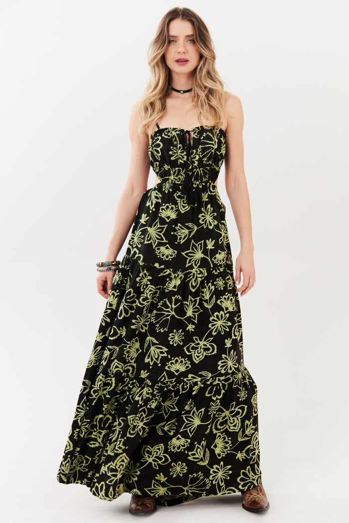 Vestido Longo Preto E Verde Estampado Yacamim C15