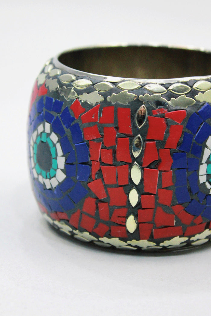 Pulseira Bracelete Largo De Metal Com Mosaico De Pedras Yacamim #441
