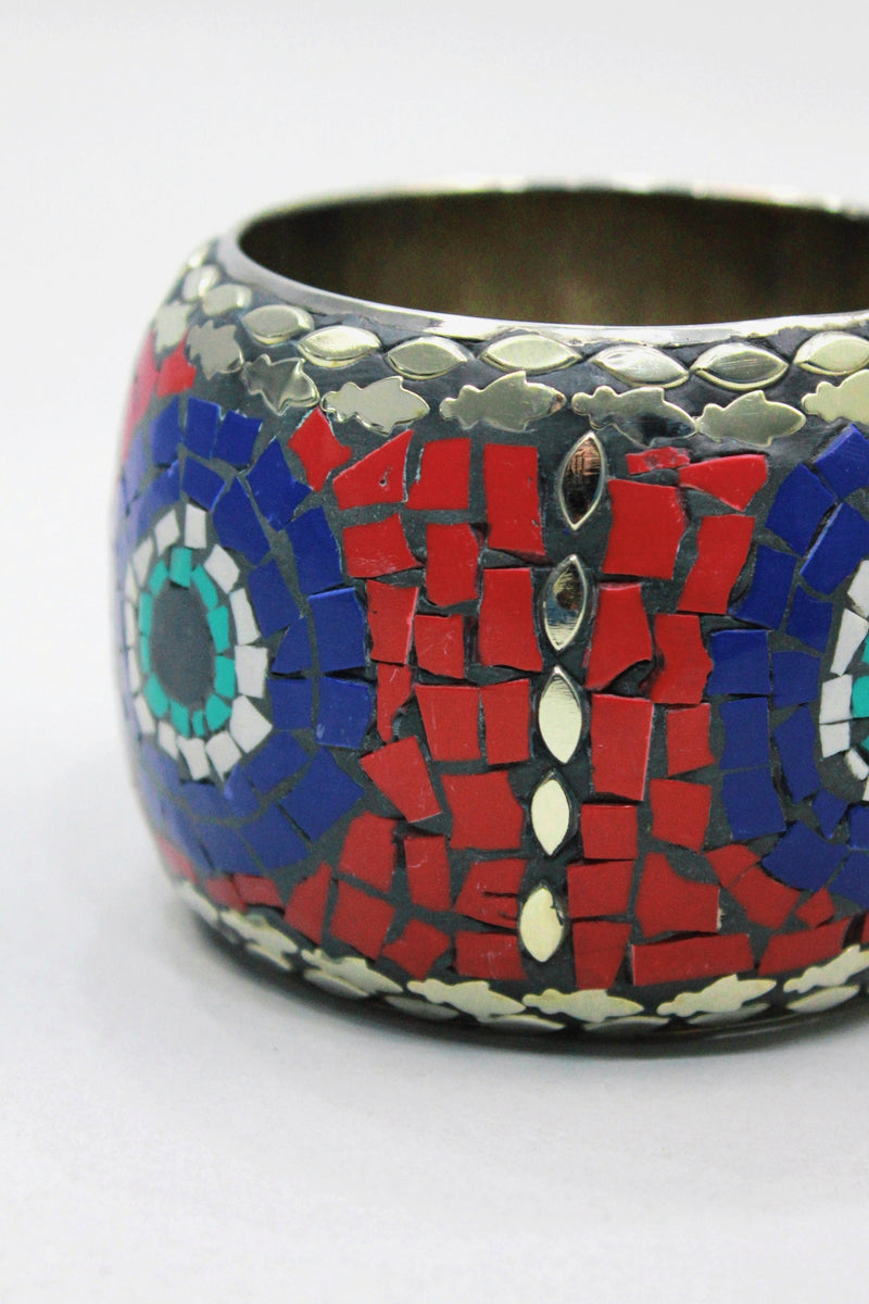 Pulseira Bracelete Largo De Metal Com Mosaico De Pedras Yacamim #441