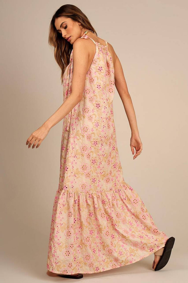 Vestido Longo Broderie Bege Com Bordados Rosa Yacamim C20