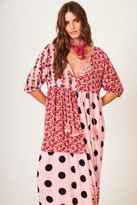 Vestido Midi Estampa De Poá Patchwork Rosa Claro Yacamim E26