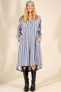 Chemise Midi Com Mangas Longas Azul Listrado Yacamim P6