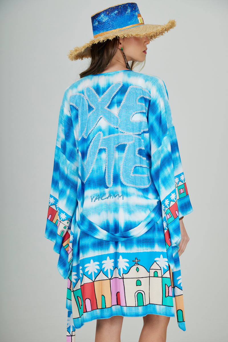 Kimono Curto Azul Estampado Coleção Bahêa Yacamim R6