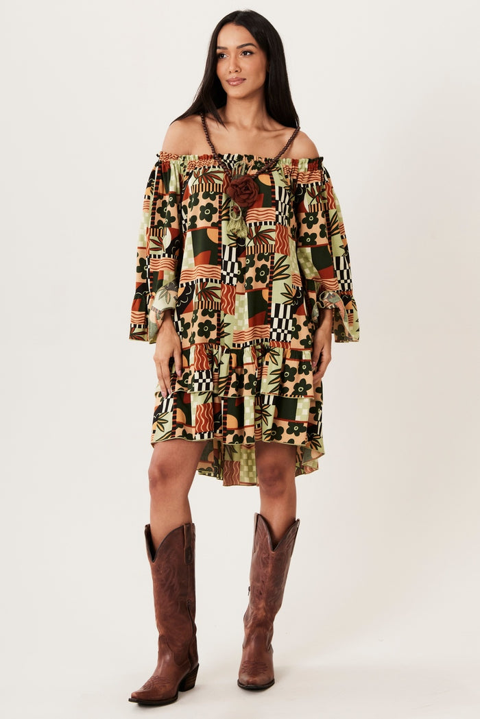 Vestido Curto Ciganinha Com Mangas 3/8 Verde Estampado Yacamim D20