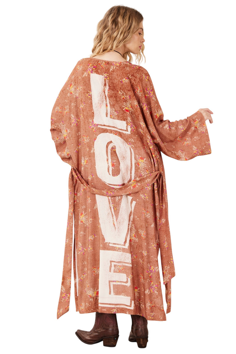 Kimono Longo Marrom Claro Estampa Love Yacamim J7