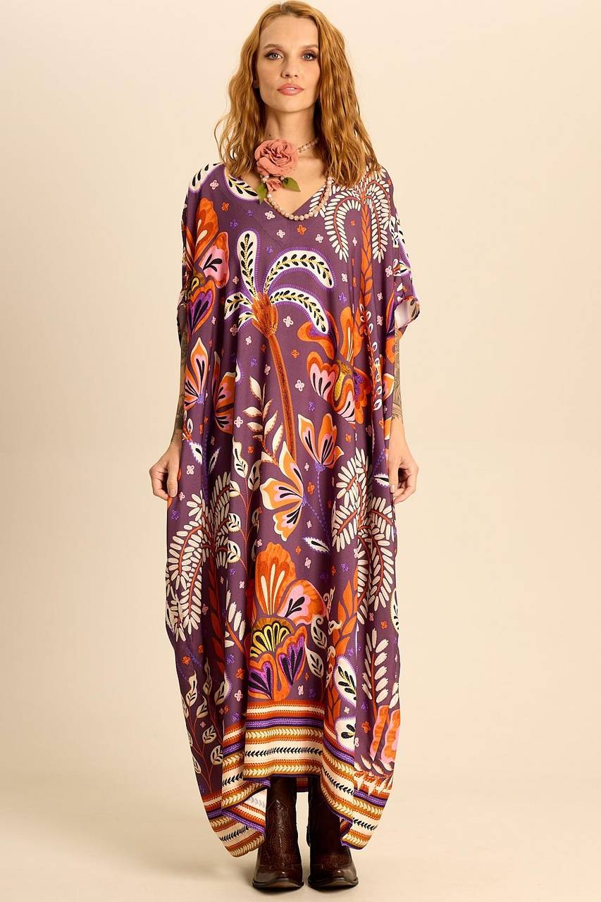 Kaftan Longo Amplo Com Decote Em V Roxo Escuro Estampado Yacamim J6