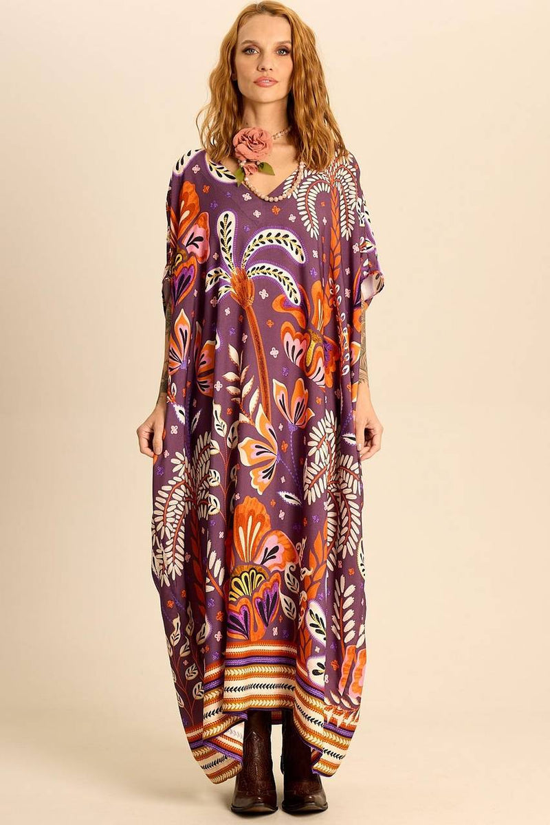 Kaftan Longo Amplo Com Decote Em V Roxo Escuro Estampado Yacamim J6