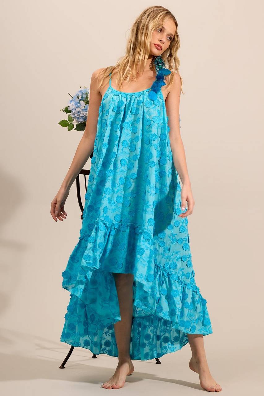 Vestido Mullet Broderie Com Flores Bordadas Azul Yacamim C27