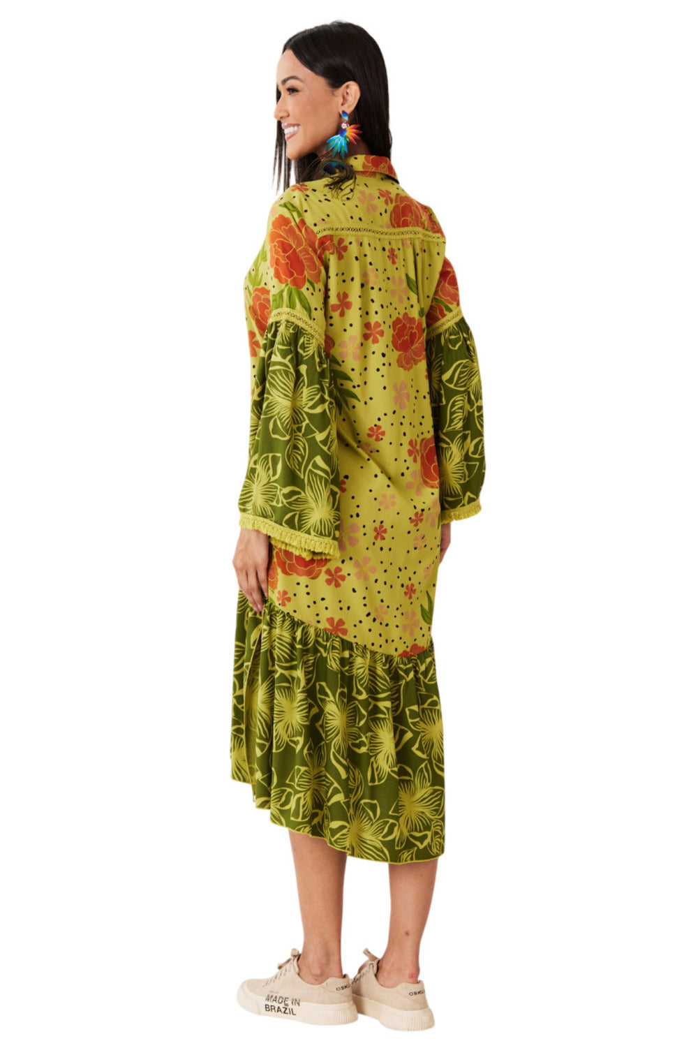 Chemise Midi Com Mangas Longas Verde Patchwork Yacamim N7