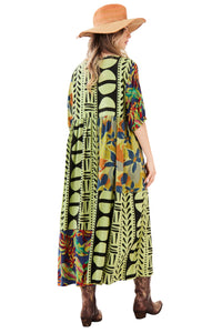 Vestido Midi Verde Estampado Patchwork Yacamim E27