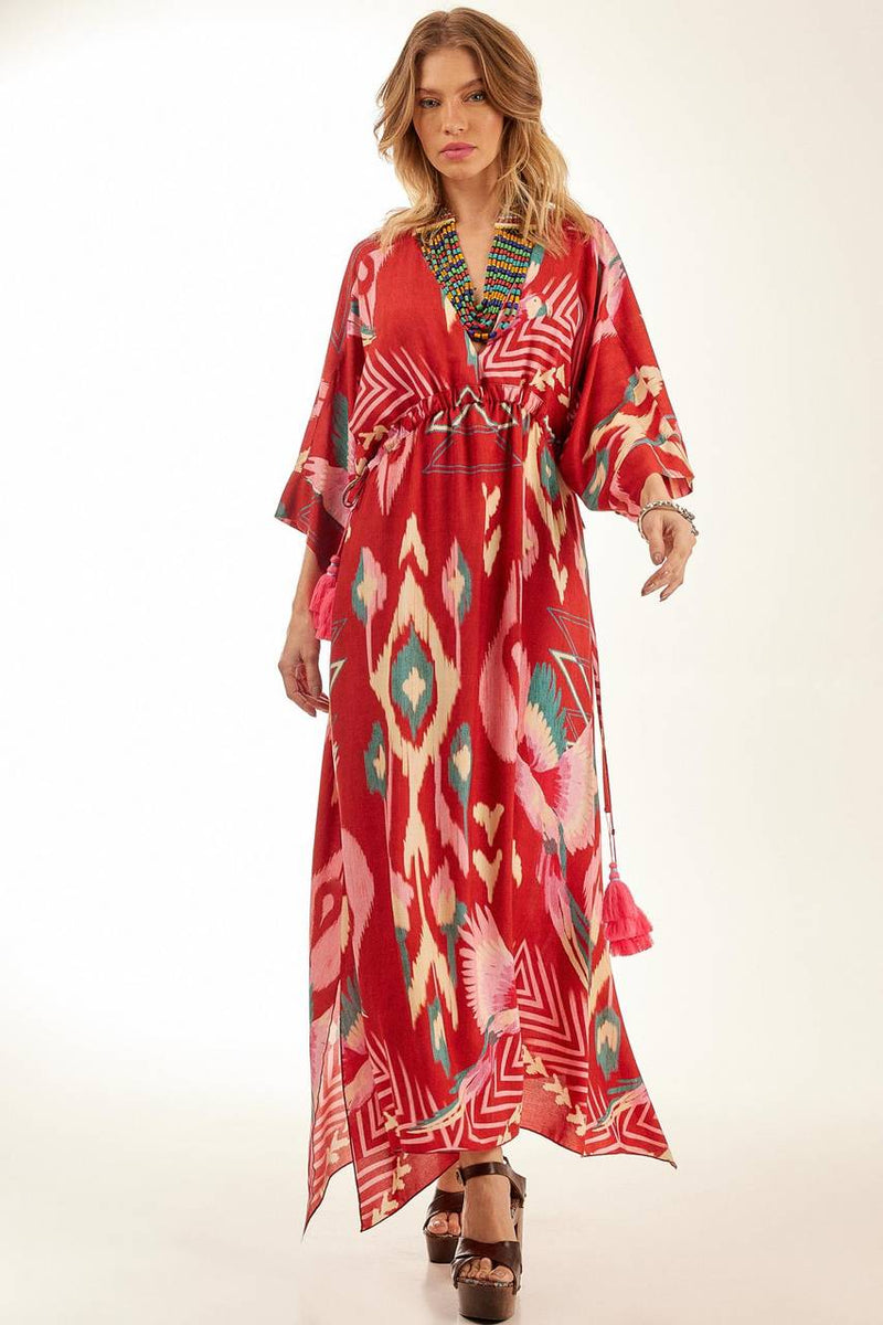 Kaftan Longo Com Túnel Na Cintura Vermelho Estampado Yacamim