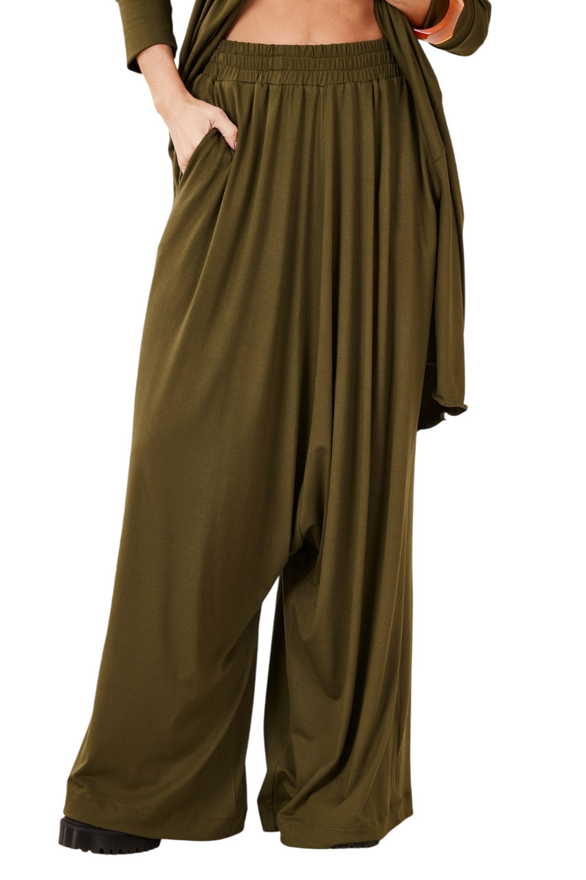 Calça Saruel Pantalona Verde Musgo Yacamim I8 Liso