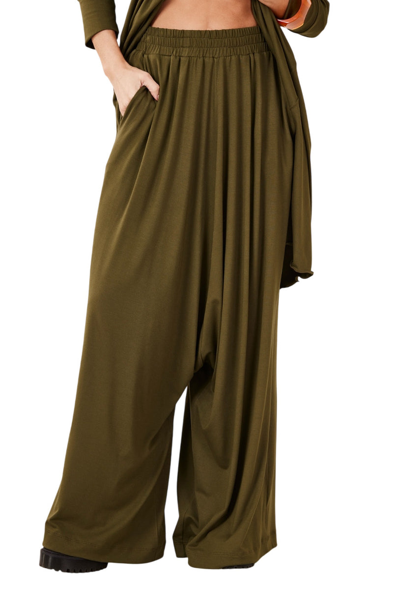 Calça Saruel Pantalona Verde Musgo Yacamim I8 Liso