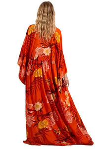 Vestido Modelo Longo Com Mangas Longas Flare Laranja Estampado Yacamim D12