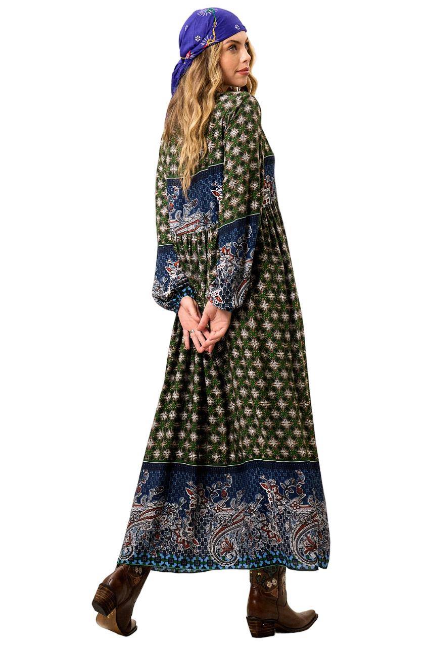 Vestido Longo Com Mangas Bufantes Verde Patchwork Estampa Paisley Yacamim