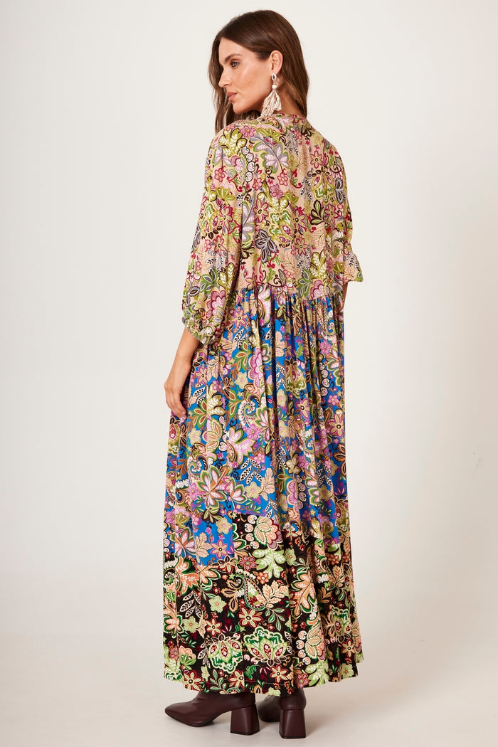 Vestido Longo Com Mangas 3/8 Verde Patchwork Yacamim E14