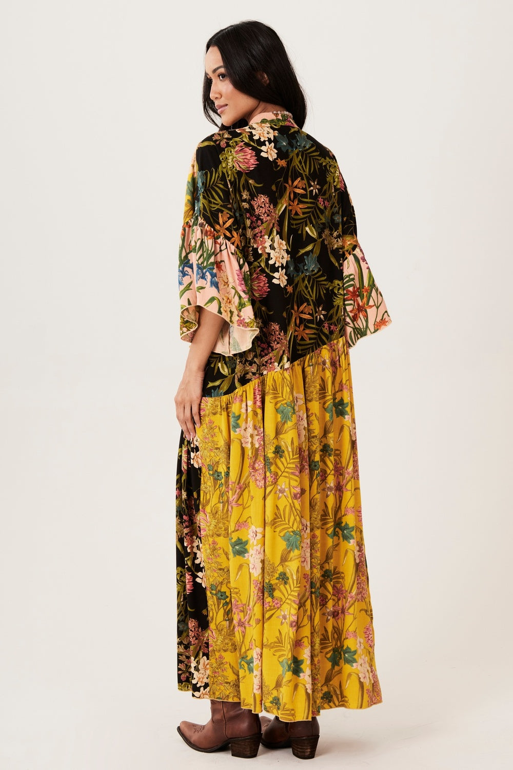 Vestido Longo Amarelo E Preto patchwork Yacamim C18