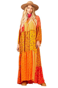 Vestido Longo Com Mangas Longas Bufantes Patchwork Yacamim D10